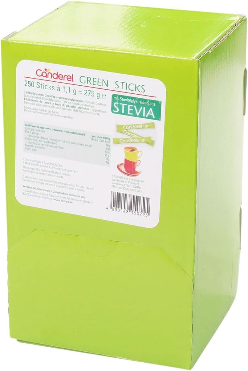 Hellma Canderel Green Stevia Sticks, 250 sobres de stevia, sobre de 1,1 gramos Edulcorantes Naty Shop