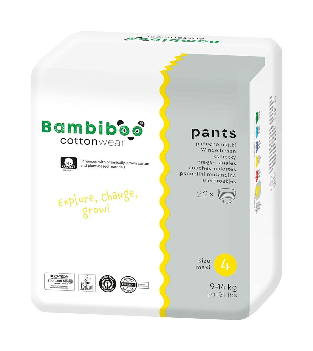 Bambiboo Scutece pentru copii - COTTONWEAR - Scutece de unică folosință pentru copii din bumbac organic și țesături pe bază de plante cu buric decupat Mama si Copilul Naty Shop Pantaloni pentru scutece, mărimea 4, 22 bucăți
