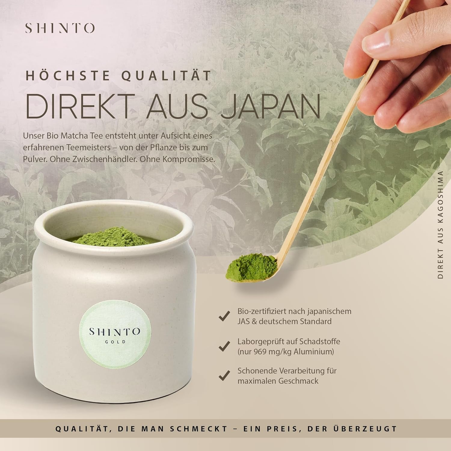 Shinto - Ceai Matcha organic „Gold” - Pulbere de ceai verde de calitate ceremonială - Certificat JAS &amp; EU BIO - Umbrit &amp; Cules manual - Import direct din Uji, Japonia - 30 g