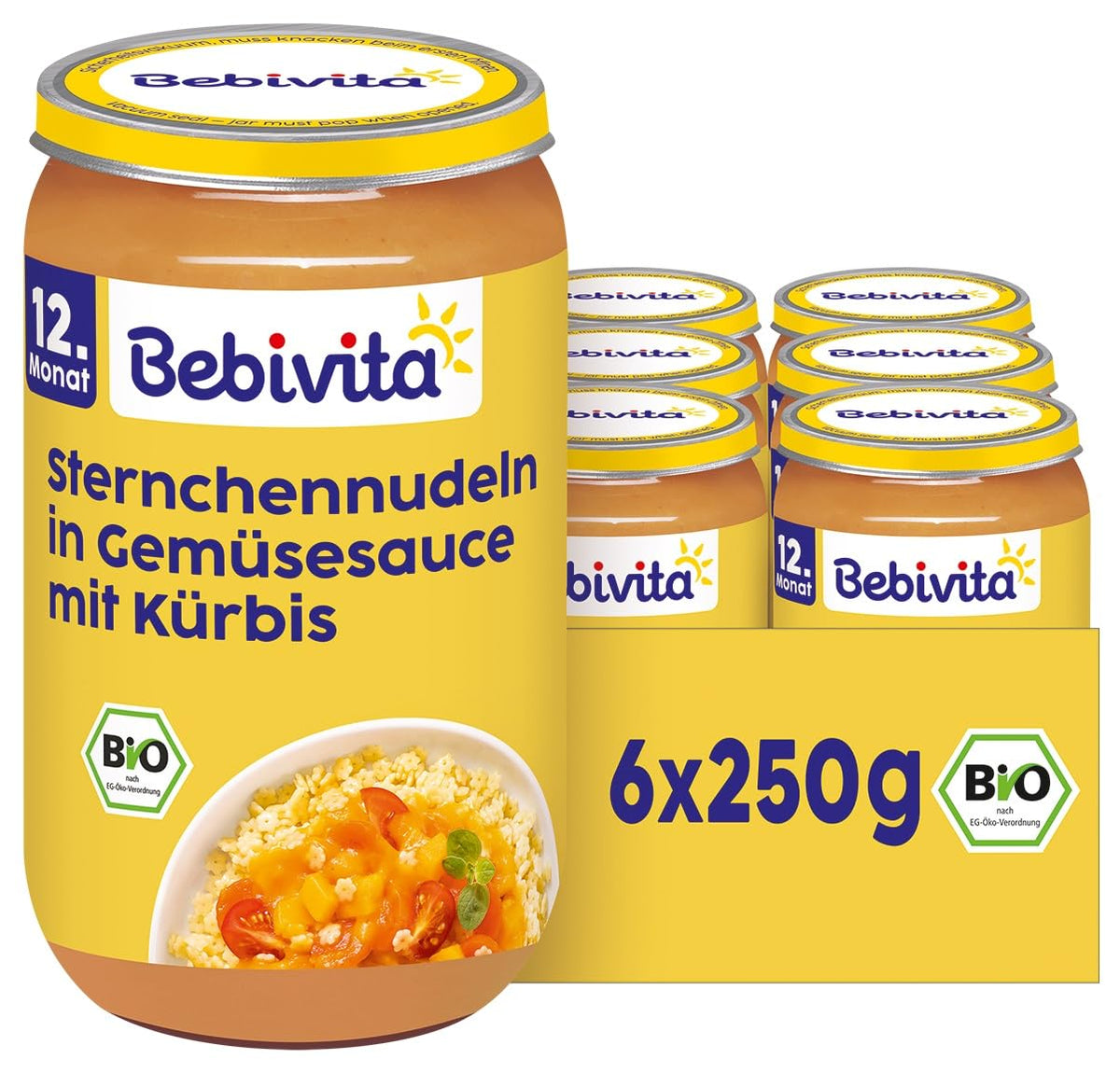 Comidas a partir de 12 meses: Pasta en forma de estrella en salsa de calabaza y verduras, 250 g, pack de 6 (6 x 250 g)