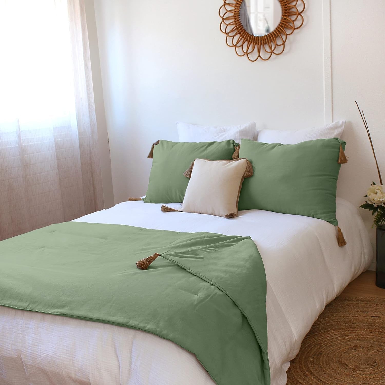 Colcha con 4 bolitas, yute, 90 X 190 Cm, arcilla, 2007AGCHLJT090190, 90 X 190 Cm Edredones y colchas Naty Shop