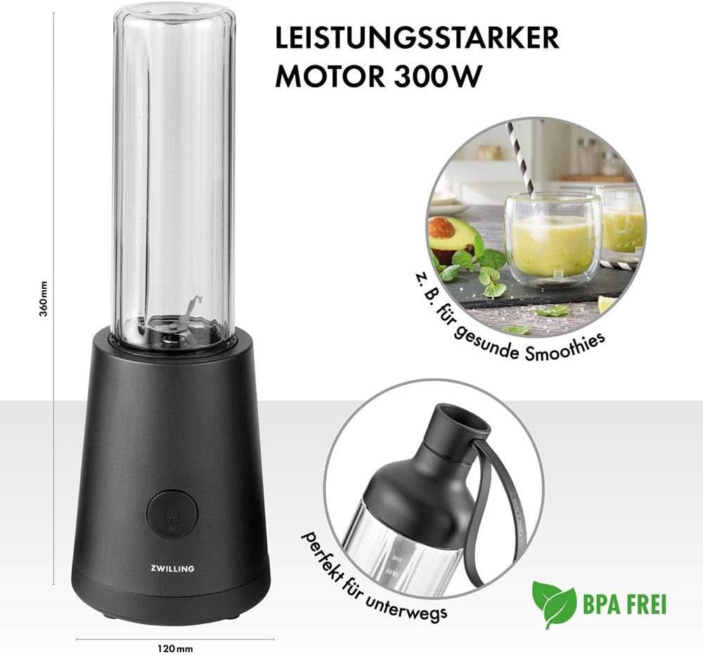 ZWILLING Batidora de pie, batidora, Inkl. Trinkflasche Mit Verschluss, 600 Ml, 300 Watt, Edelstahl/Kunststoff, Schwarz Kitchen Naty Shop