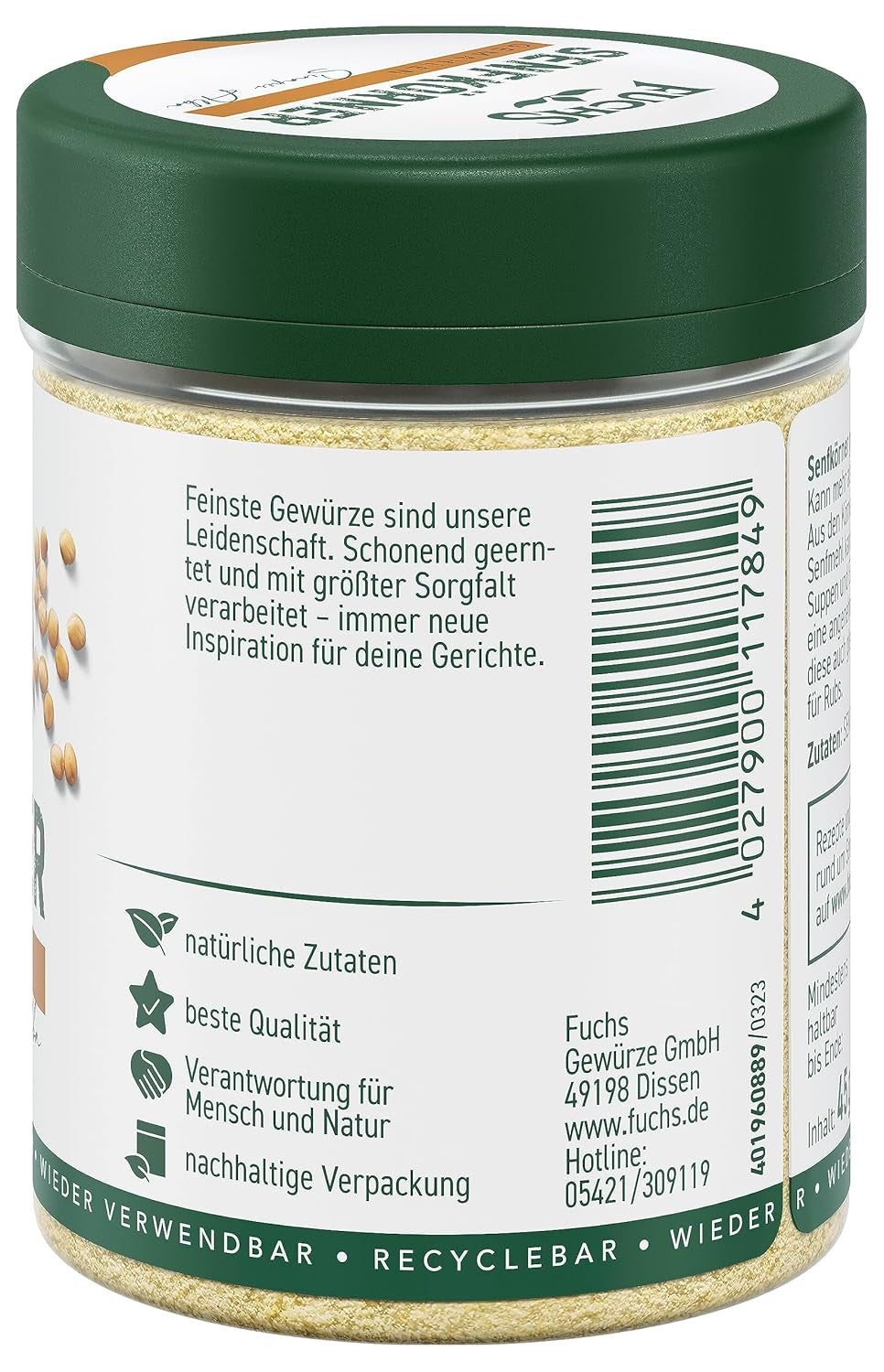Fuchs Gewürze - Senfkörner gemahlen - für die Zubereitung von Rubs, zum Verfeinern von Suppen und Saucen - ingredientes naturales - 45 g en wiederverwendbarer, recyclebarer Dosis
