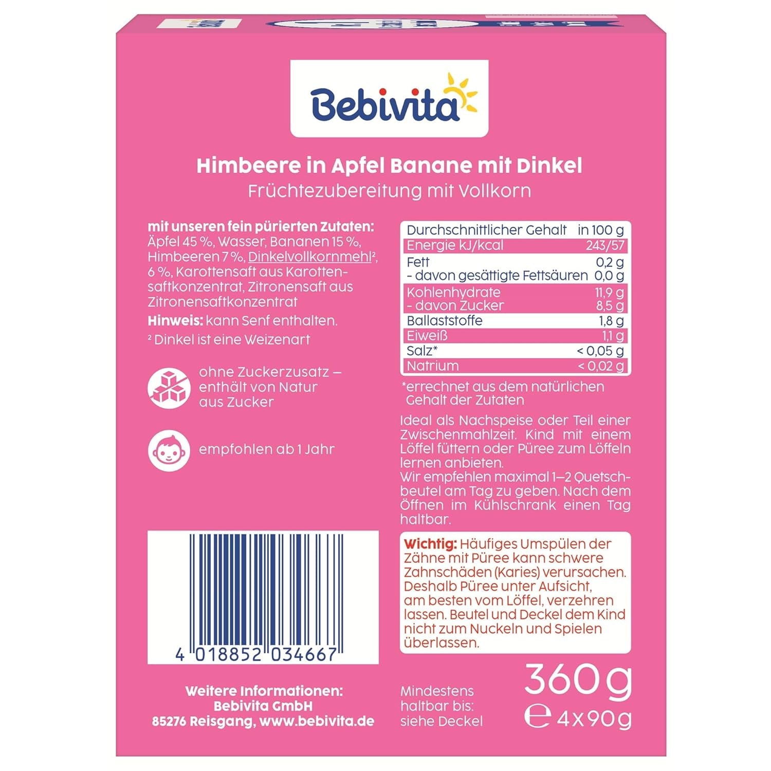 Sobres exprimibles de fruta, frambuesa, manzana, plátano y espelta - 16 piezas (paquete de 4, 4 x 90 g cada uno), sin azúcares añadidos, elaborados a base de frutos rojos y cereales saludables, ideales para snacks para llevar y autoconsumo