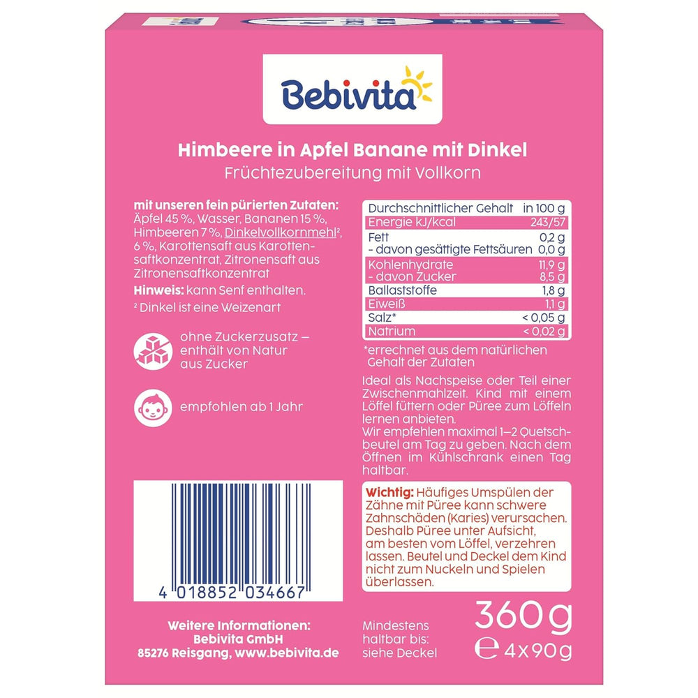 Sobres exprimibles de fruta, frambuesa, manzana, plátano y espelta - 16 piezas (paquete de 4, 4 x 90 g cada uno), sin azúcares añadidos, elaborados a base de frutos rojos y cereales saludables, ideales para snacks para llevar y autoconsumo