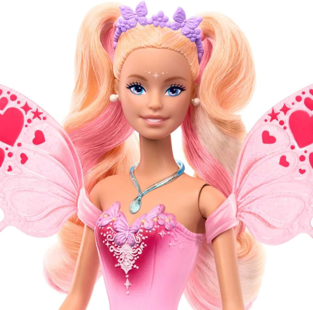 Păpușă Barbie Mattel cu baghetă magică și accesorii de modă, temă fantezie cu aripi și ținută care își schimbă culoarea, JCP76, [multicoloră]