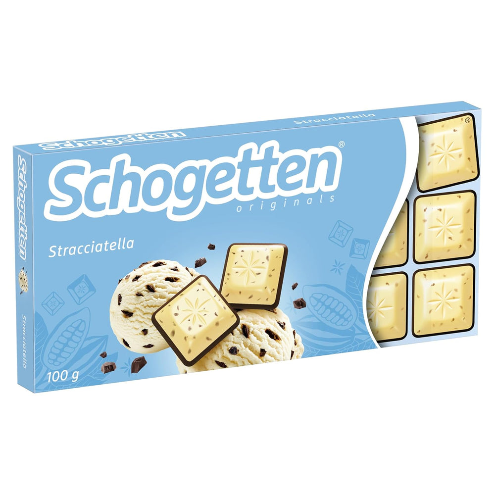 Schogetten Stracciatella barra de chocolate 100g, en porciones individuales. Una delicia. Pieza por pieza.