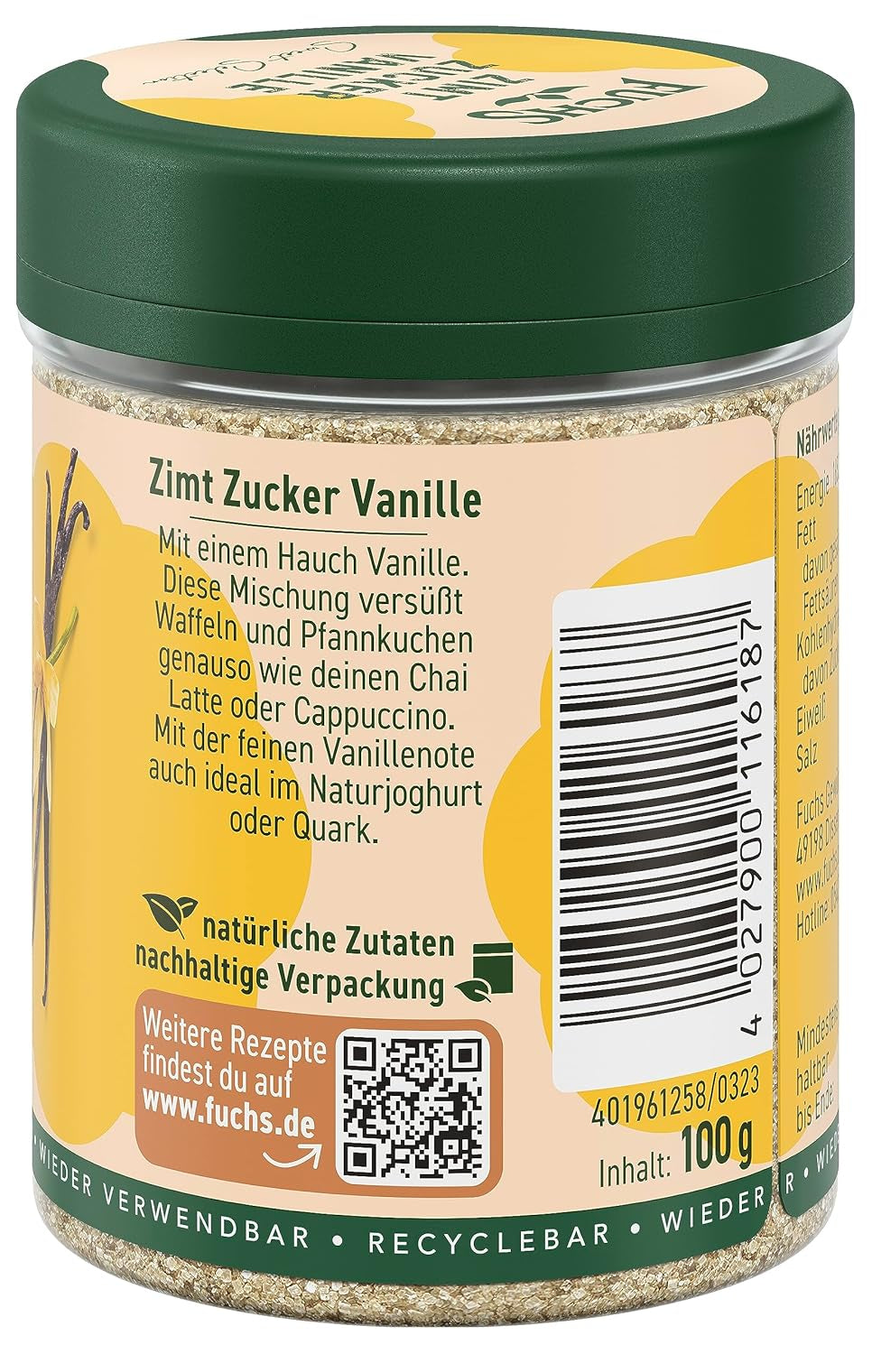 Fuchs Gewürze - Zimt Zucker Vanille - Gewürz zum Versüßen von Wafeln, Milchgetränken oder Joghurt - aus natürliche Ingrediente - 100 g en wiederverwendbarer, recyclebarer Dosis
