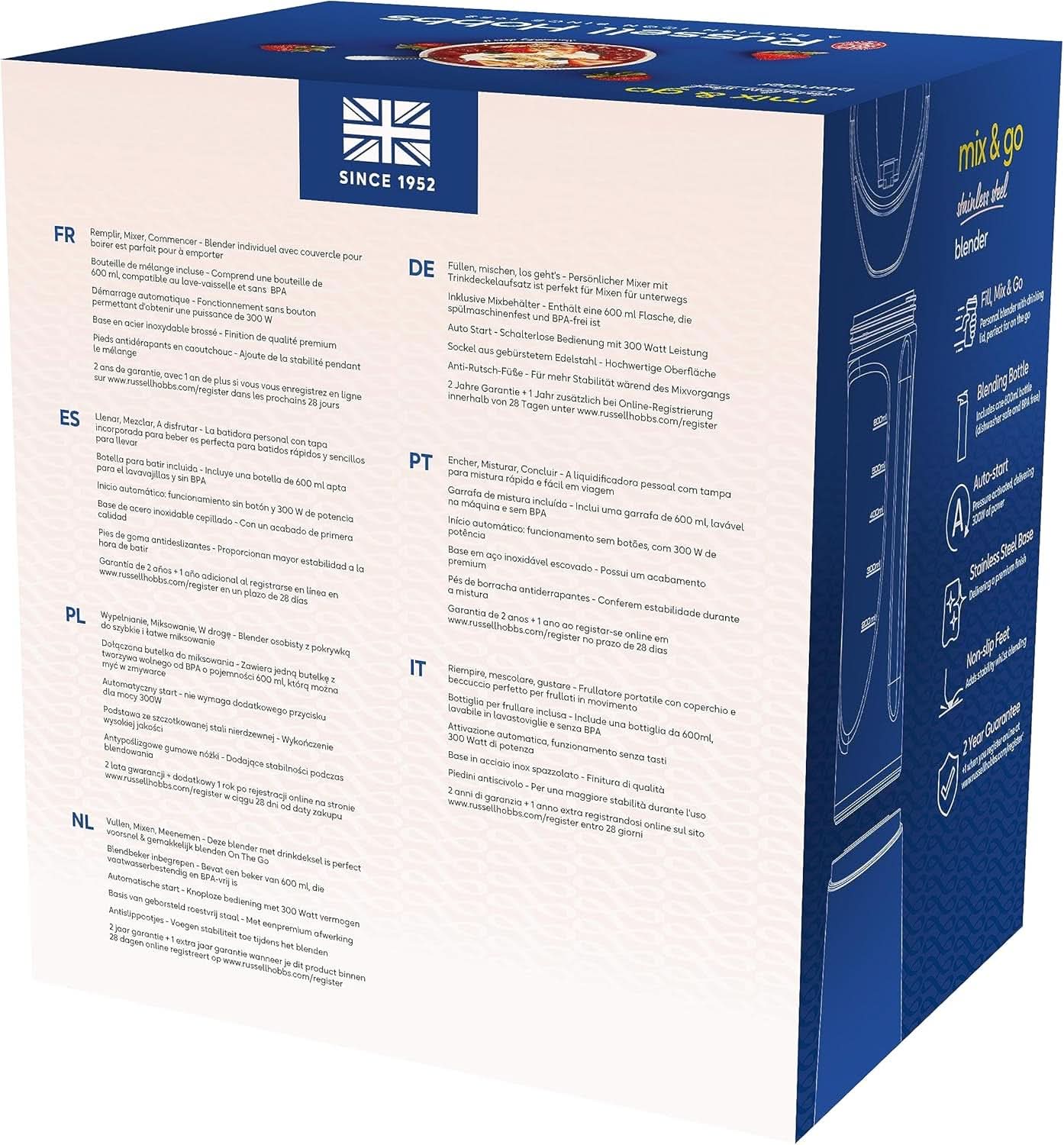 Batidora Russell Hobbs - Batidora con base y batidora para llevar [motor de potencia de 23,500 U/Min] Inkl. 1X Mixbehälter 600Ml (Bpa-Frei, Spülmaschinen- & Bruchfest Inkl. Deckel) Zerkleinerer, Edelstahl, 23472-56 Kitchen Naty Shop