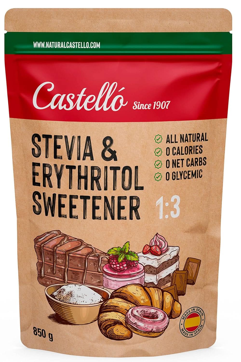 Stevia + Eritritol Edulcorante 1:3, 1G = 3G Azúcar, 850 gramos Edulcorantes Naty Shop