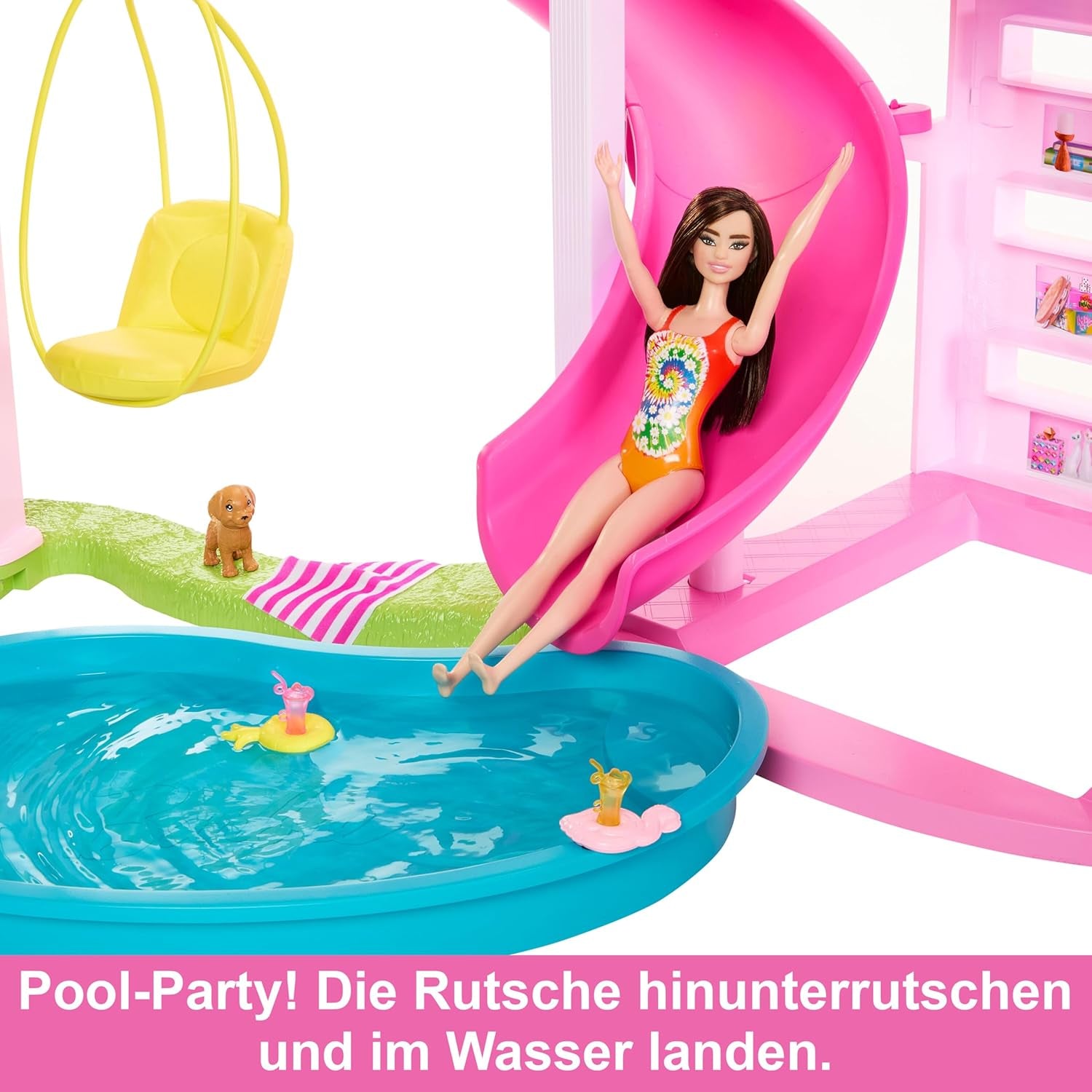 Barbie Dream Villa, casă Barbie cu 3 etaje cu 10 zone de joacă, inclusiv piscină, tobogan, lift, 75 de accesorii pentru păpuși, cățeluș de jucărie, jucărie pentru copii cu vârsta de peste 3 ani, HMX10 Casute de papusi Naty Shop