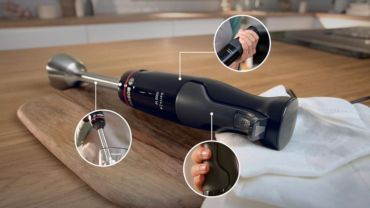 Bosch Batidora de pie Ergomaster Serie 4, 1000 Watt, Edelstahl-Mixstab, Zerkleinerer, Mix-/Messbecher, Schwarz Kitchen Naty Shop