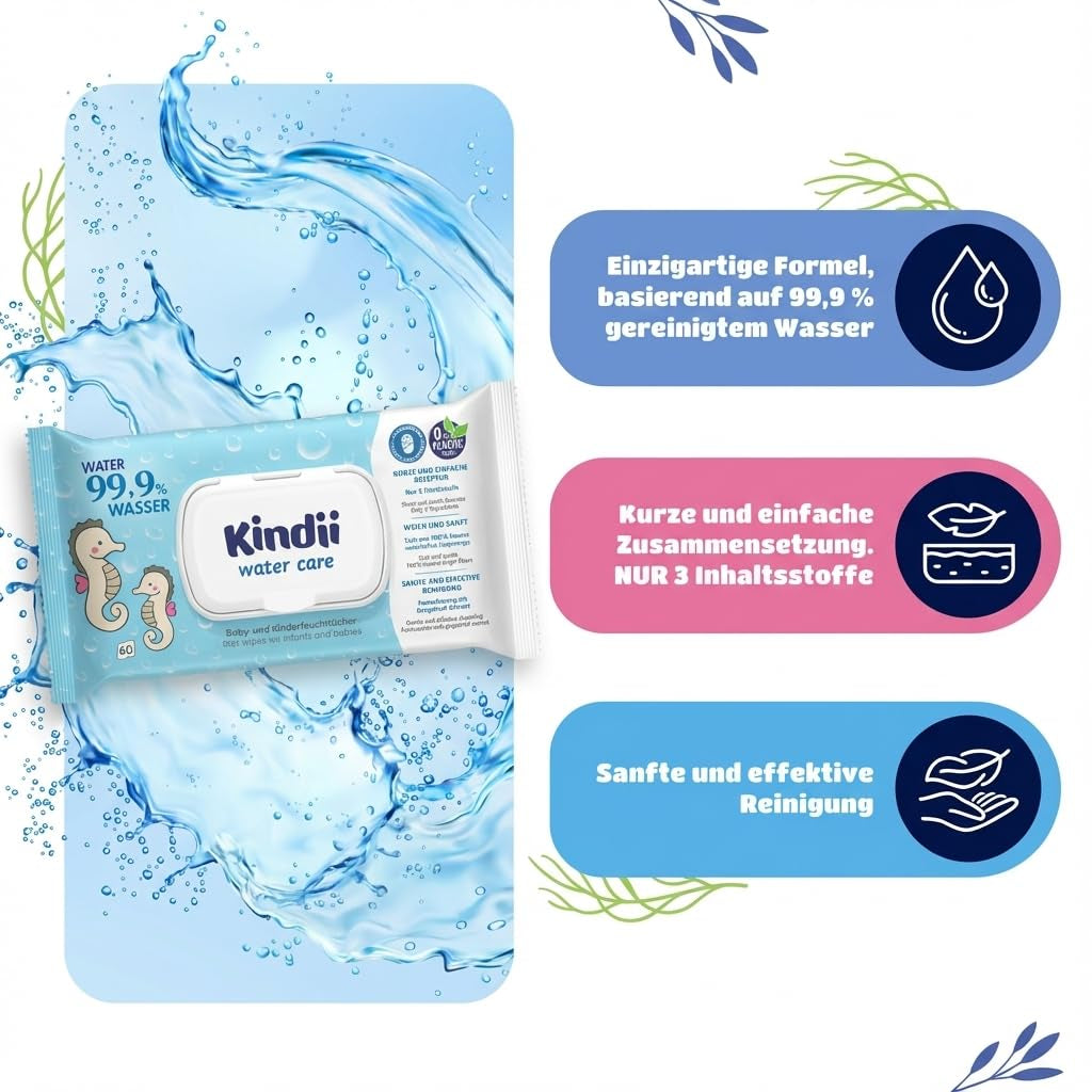 Toallitas húmedas Kindii Water Care - Toallitas Aqua Baby - 100% viscosa, 99,9% agua, extracto de pomelo, tamaño bufanda 150x200, 100% biodegradables, sin plástico, toallitas limpiadoras para pieles sensibles