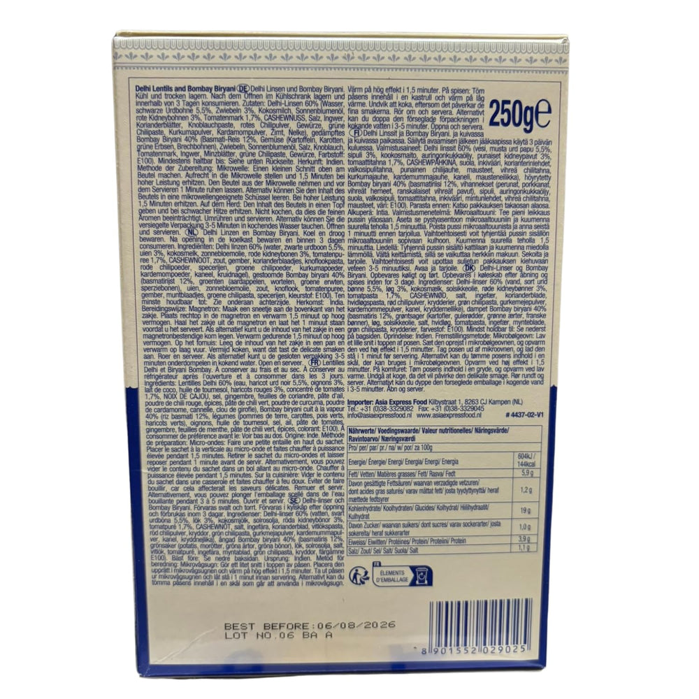 ASHOKA - Lentejas Delhi instantáneas y Bombay Biryani - (1 x 250 g)