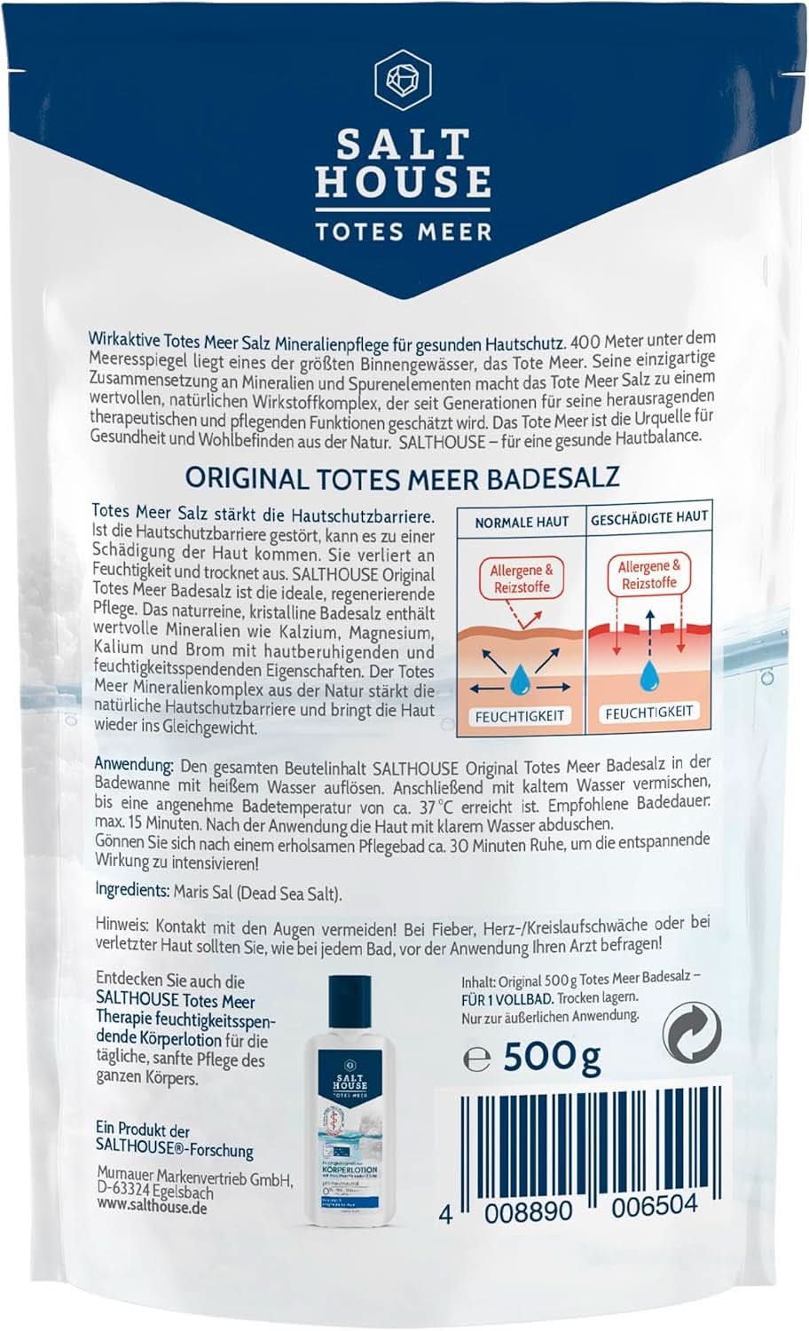 Salthouse Original Sales de baño del Mar Muerto, sales de baño, calmantes para la irritación de la piel, para pieles secas y sensibles, 100% naturales, 500 gramos Naty Shop Shower & Bath