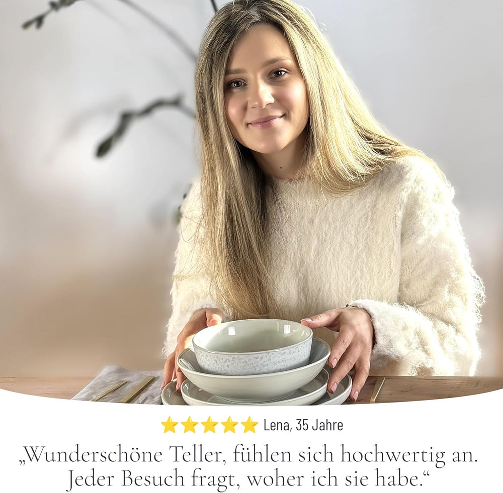 Set de veselă din gresie ceramică, format din 48 de piese, pentru 12 persoane, design Ibiza, CÂȘTIGĂTOR AL TESTULUI. Un set de veselă mediteranean superb, din gresie ceramică, inclusiv boluri și farfurii. Set de veselă Pure Living, bej.