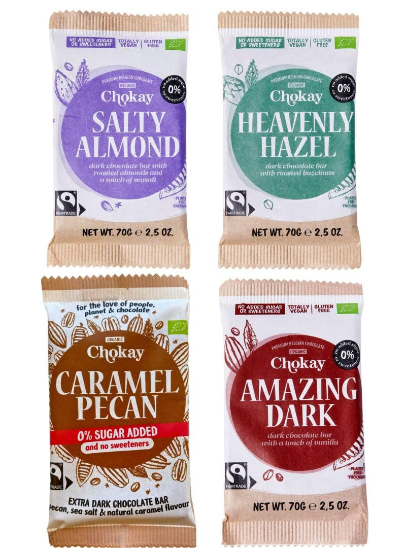 Barra orgánica - Juego de muestras de 4 piezas/Increíble negro, avellana, caramelo de nuez, almendra salada/Sin azúcar añadido, sin edulcorantes/VEGANO, SIN GLUTEN Y COMERCIO JUSTO / 4 x 70 g
