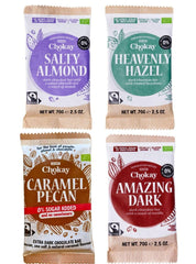 Barra orgánica - Juego de muestras de 4 piezas/Increíble negro, avellana, caramelo de nuez, almendra salada/Sin azúcar añadido, sin edulcorantes/VEGANO, SIN GLUTEN Y COMERCIO JUSTO / 4 x 70 g