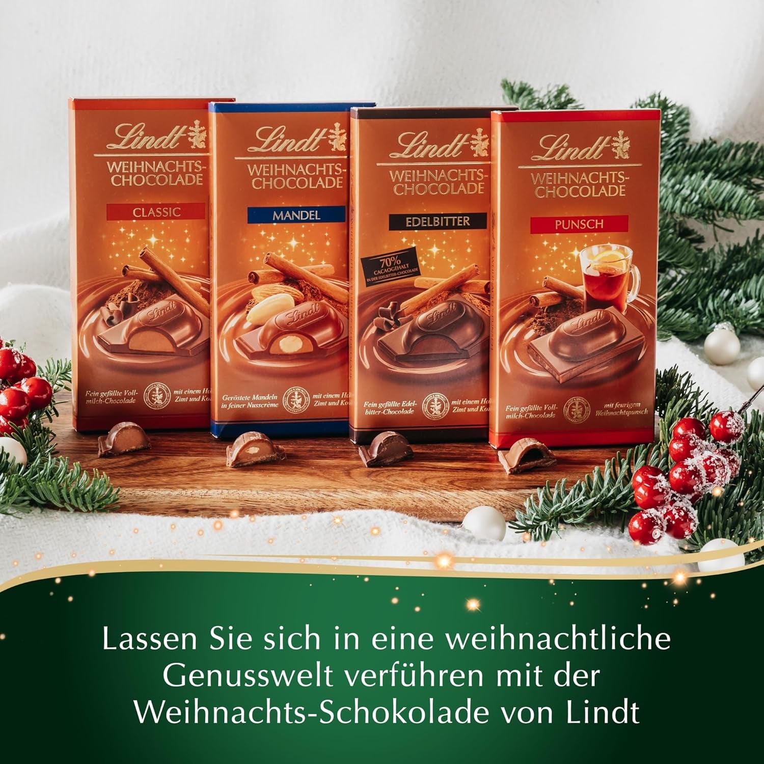 Barra de chocolate con almendras navideñas Lindt | 100 gramos | Almendras en crema de nueces recubiertas del más fino chocolate con leche | regalo de chocolate de navidad