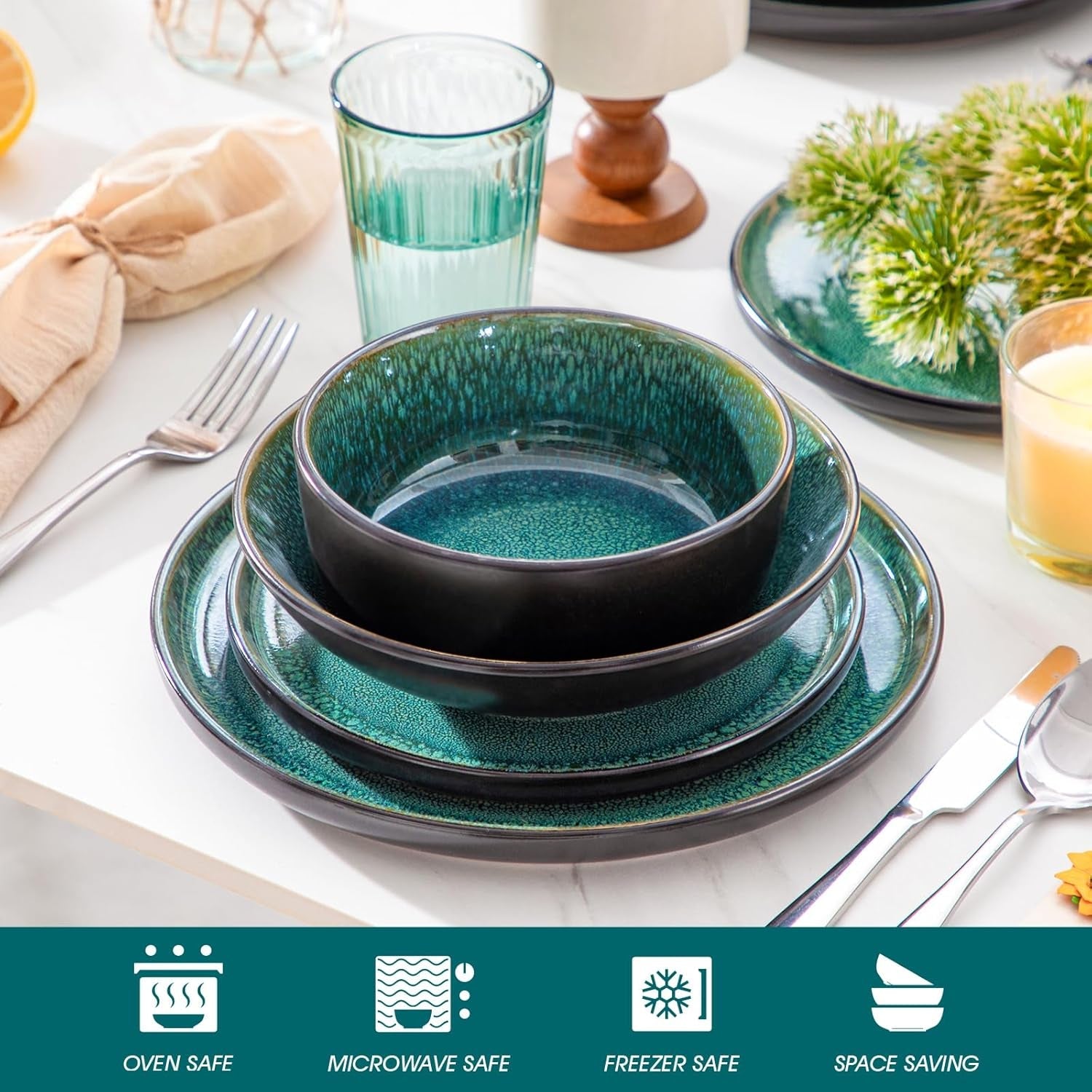 Set de veselă pentru 6 persoane, set de veselă din gresie Vancasso PLAYA, 24 de piese pentru 6 persoane, verde, inclusiv farfurii, farfurii de sumă, boluri și farfurii de salată, potrivit pentru mașina de spălat vase și cuptorul cu microunde
