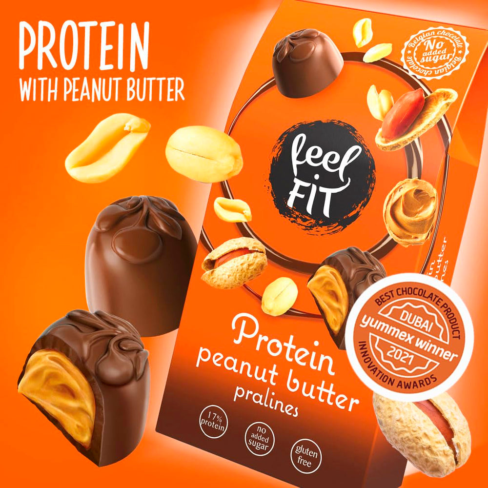 Pralinés proteicos de mantequilla de maní Feel FIT en chocolate con leche de alta calidad, sin azúcar añadido, 17% de proteína, sin gluten 66 g (paquete de 1)