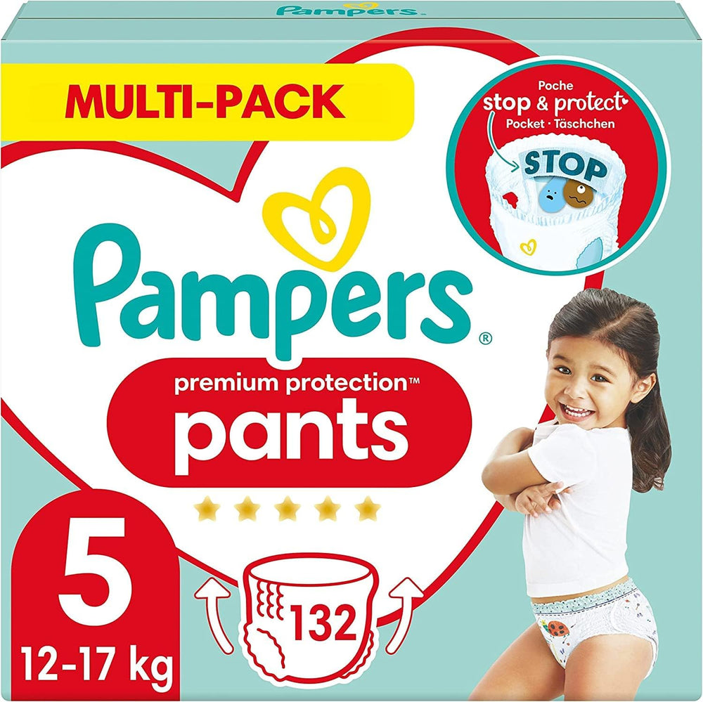 Pampers Premium Protection Pants talla 5, 144 pañales, 11 kg - 17 kg, con ajuste de 360° y puños suaves antifugas para una comodidad y protección óptimas