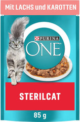 Hrană umedă pentru pisici PURINA ONE STERILCAT, bucăți fragede în sos pentru pisici sterilizate, cu somon, pachet de 26 (26 x 85g)