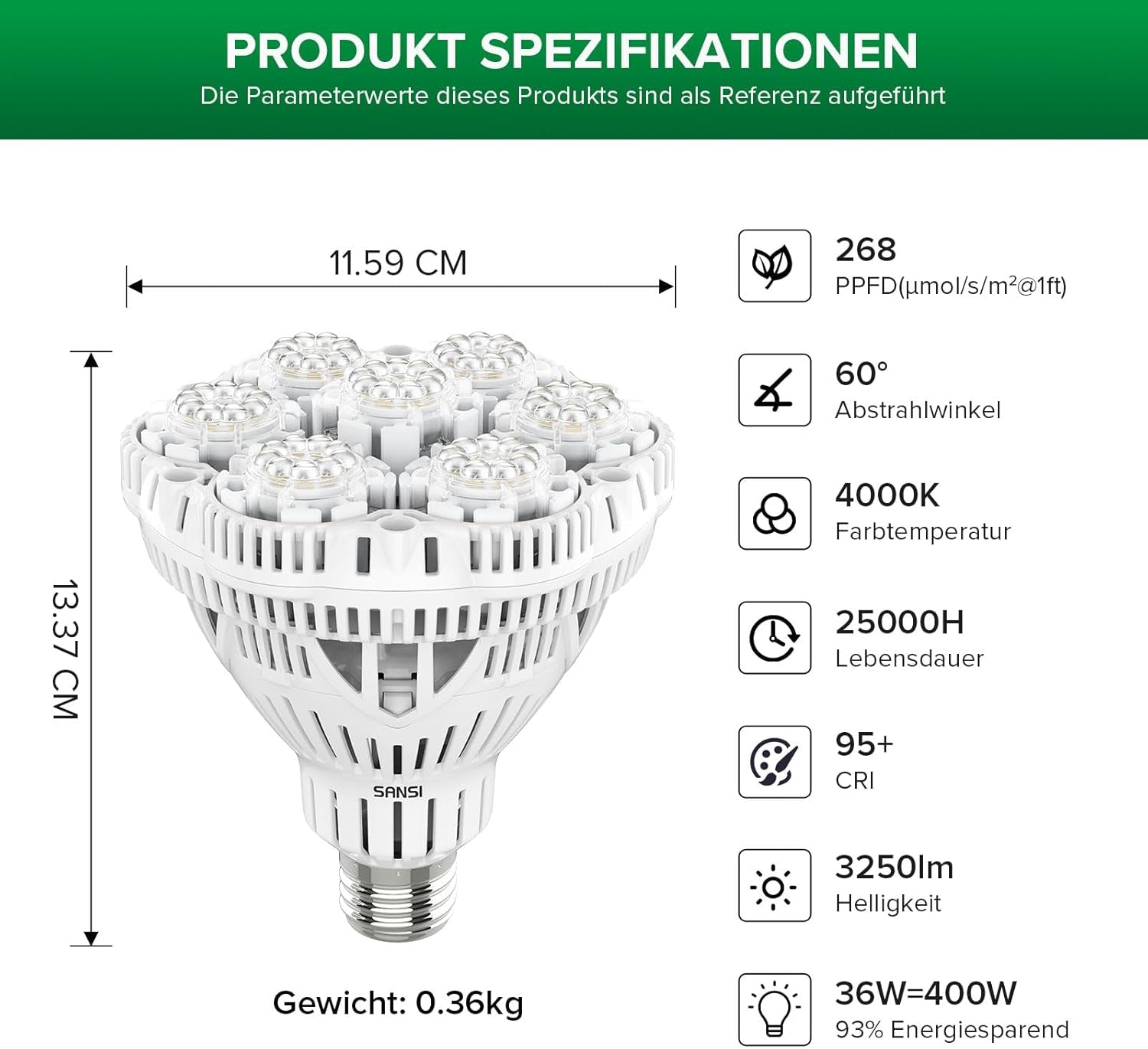 SANSI 36W Espectro Completo E27 Planta de Interior Luz de Cultivo LED Lámparas de Cultivo de Alto PPFD para Invernadero Jardín Flor Vegetal Hidroponía Tamaño Ø11.5 * 13.3cm