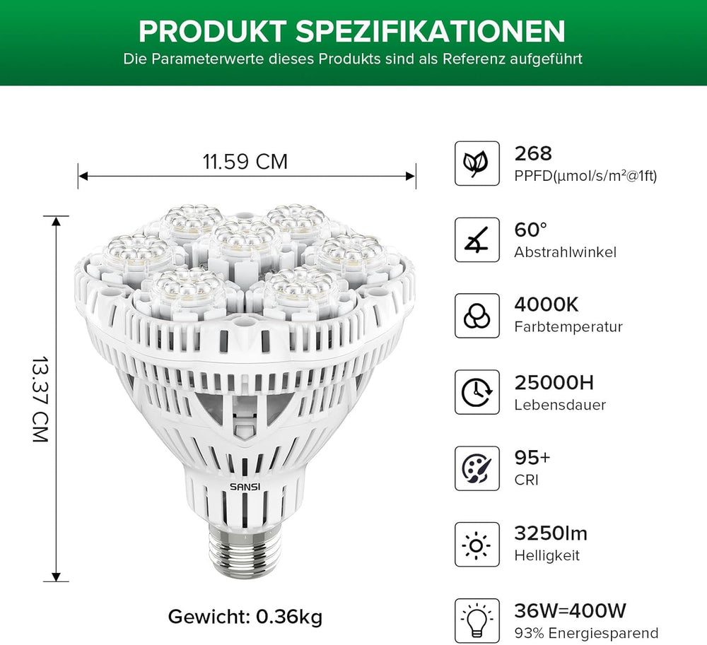 SANSI 36W Espectro Completo E27 Planta de Interior Luz de Cultivo LED Lámparas de Cultivo de Alto PPFD para Invernadero Jardín Flor Vegetal Hidroponía Tamaño Ø11.5 * 13.3cm