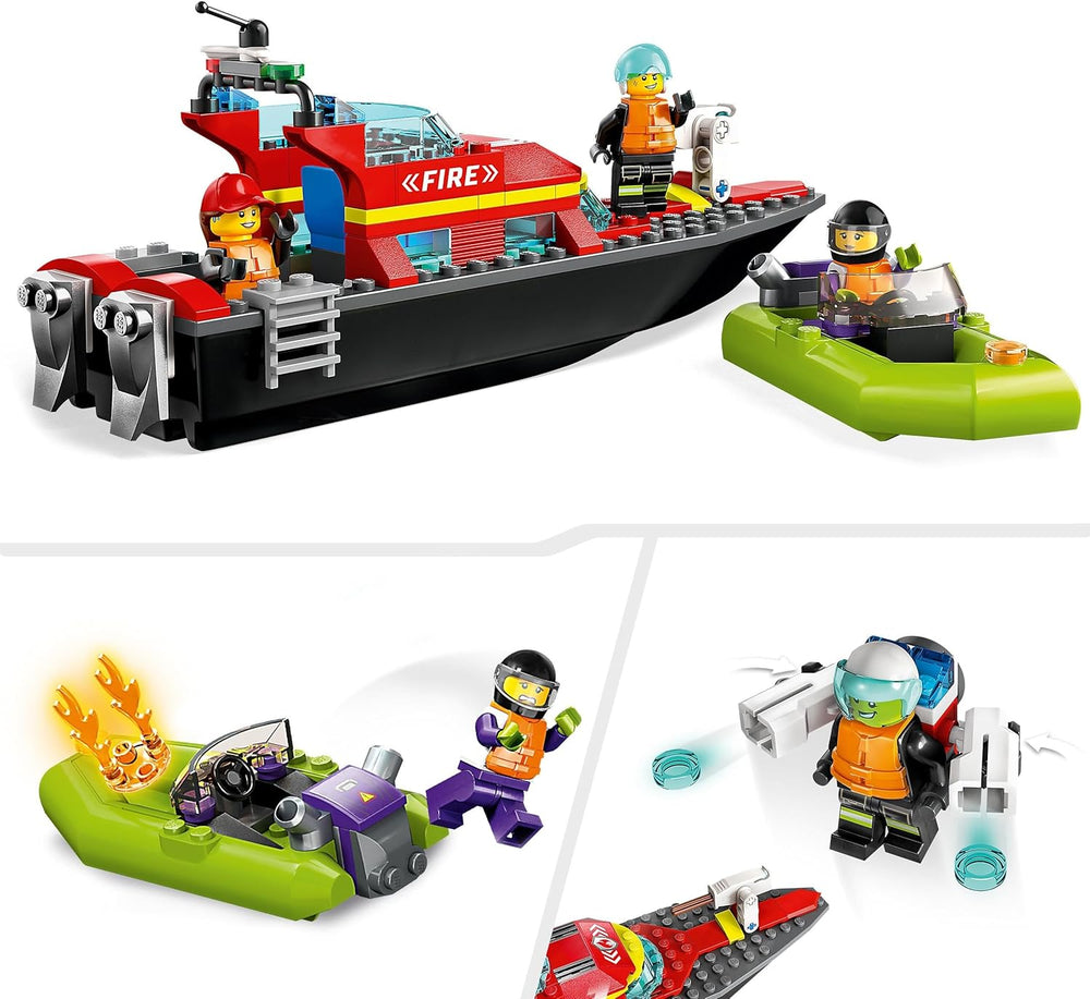 LEGO 60373 City Feuerwehrboot, Spielzeug, das im Wasser wimmt, mit Rennboot, 3 Minifiguren and Jetpack, Feuerwehr-Boot-Spielzeug Geschenkide für Jungen and Mädchen ab 5 Jahren