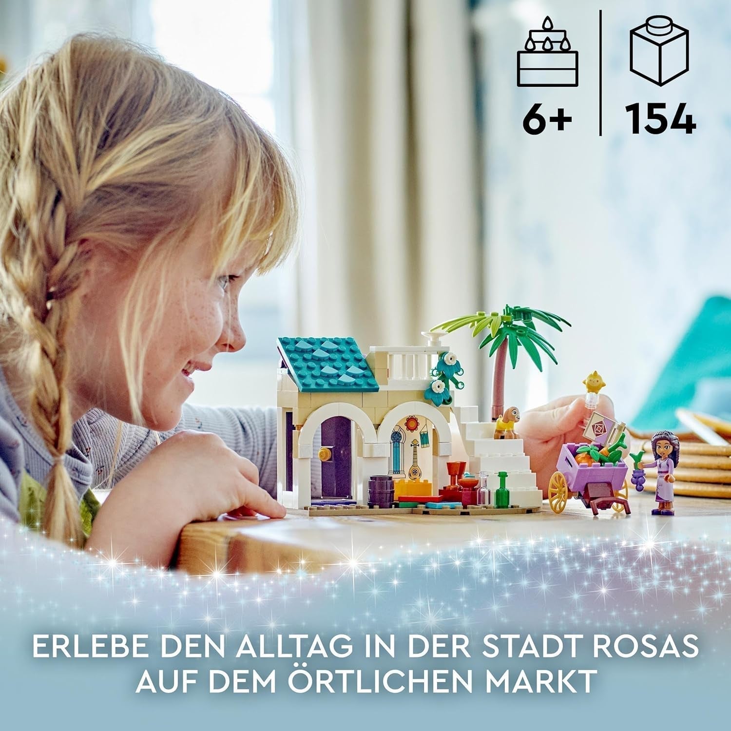 LEGO 43223 Disney Wish Asha en la ciudad de Rosas, Set de Película Wish con Mercado, Mini Muñeca Asha, Valentino como Cabra de Juguete y Figuras de Estrella, Regalo para Niños de 6 Años, Sets de Construcción para Niñas y Niños Besuche den LEGO-Store