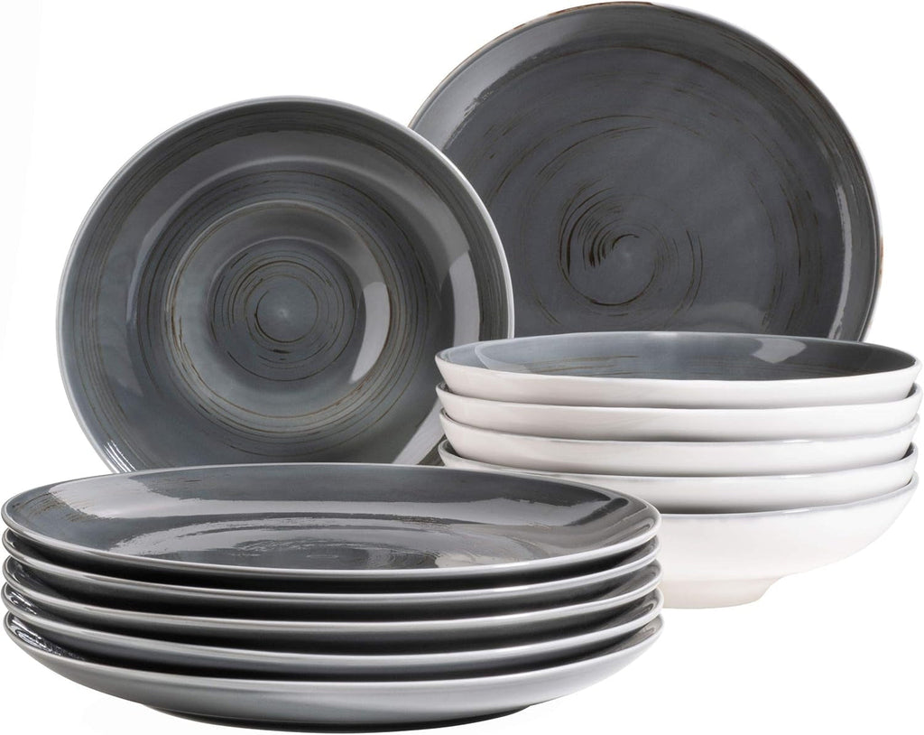 MÄSER 931605 Serie Derby Premium Tafelservice Für 6 Personen in Gastronomie-Qualität, 12-Teiliges Modernes Teller Set Mit Handpinseleffekt, Weiß, Durable Porzellan Seturi vesela masa Naty Shop Dunkelgrau