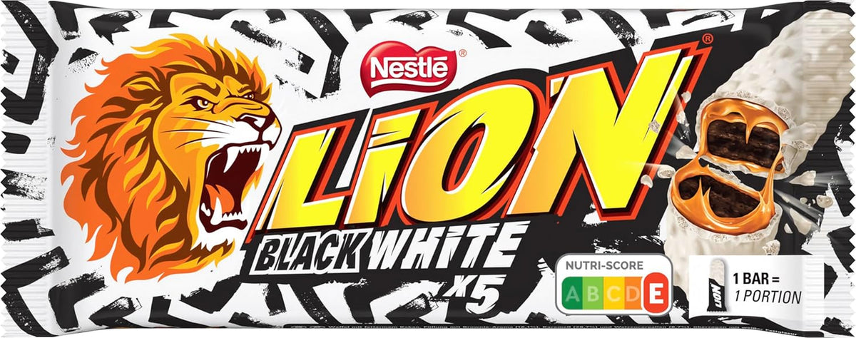 Tableta de chocolate LION Black & White, un snack de sabor intenso, chocolate crujiente y chips crujientes, relleno de brownie, una experiencia deliciosa y única, 1 paquete (5 x 30g)