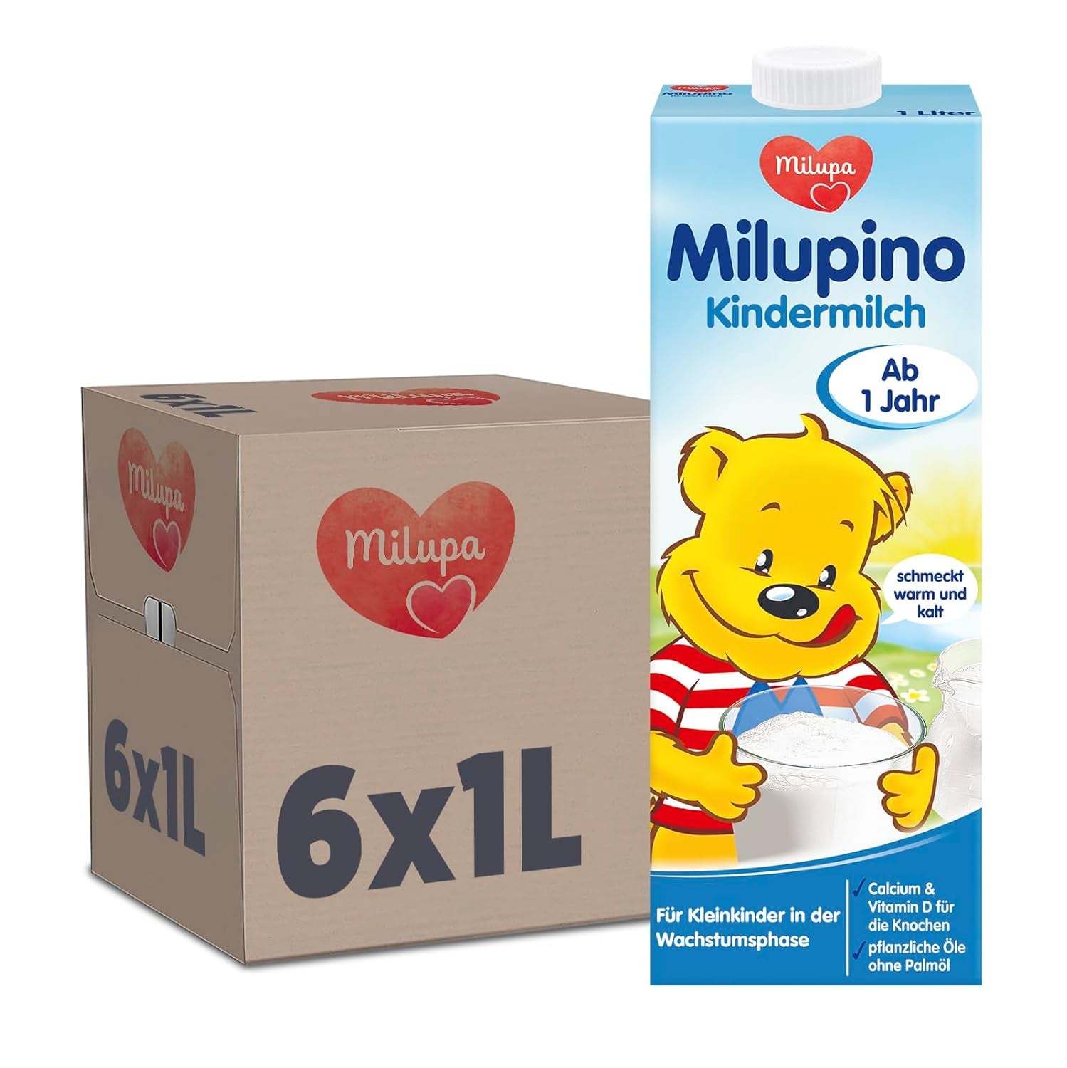 Milupa Milupino Leche de crecimiento lista para beber (6x1L), a partir de 1 año, para niños pequeños en fase de crecimiento