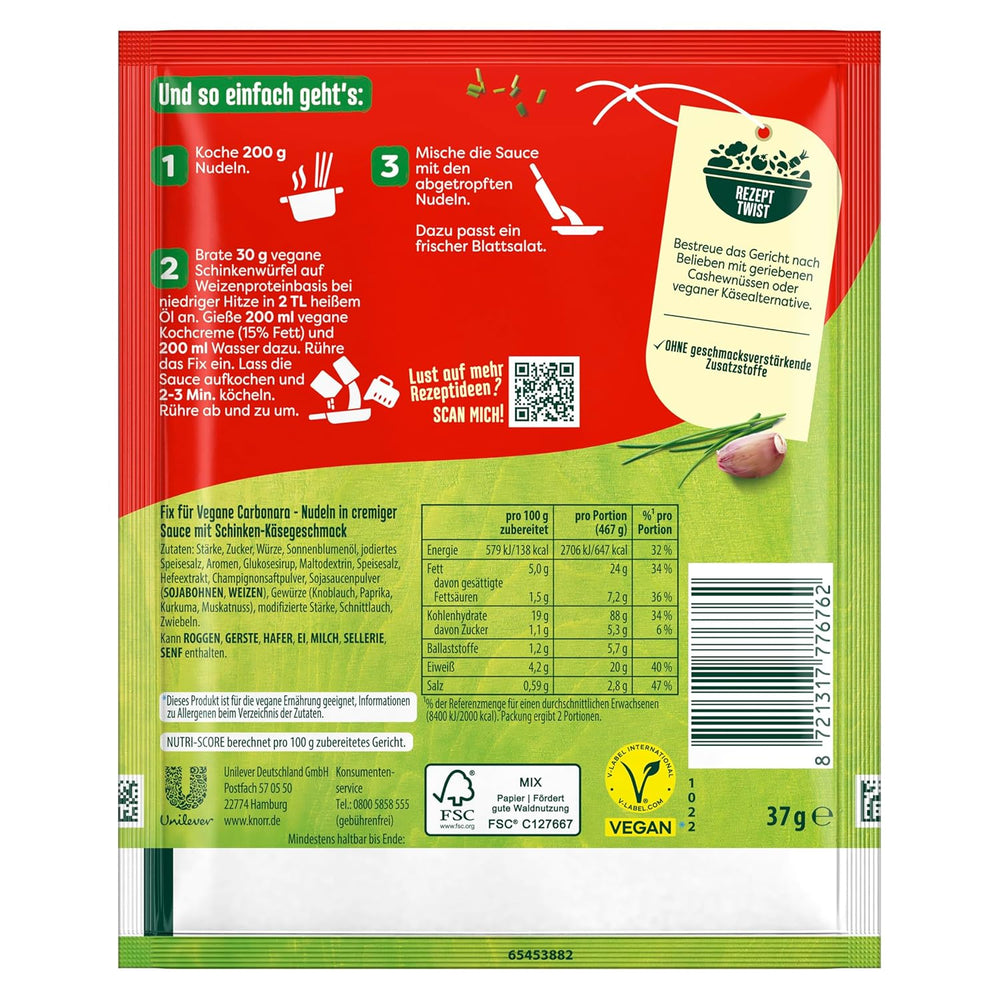 Knorr Fix Vegane Carbonara für eine leckere vegane Pasta ohne geschmacksverstärkende Zusatzstoffe 2 Porciones
