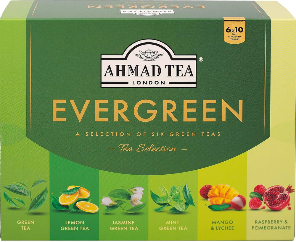 Ahmad Tea Evergreen – Sortiment de 6 ceaiuri verzi – mentă, lămâie, mango-lychee, zmeură-rodie, iasomie și ceai verde – 60 pliculețe de ceai ambalate individual, cu aromă sigilată