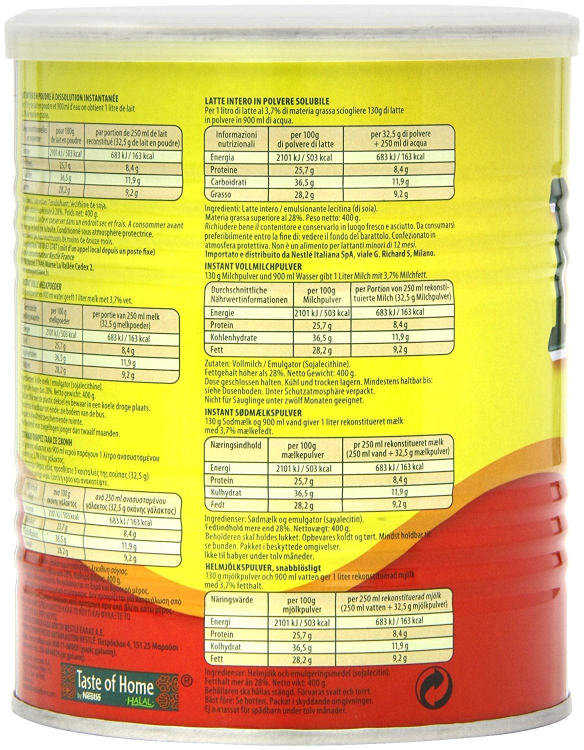 Nestlé Nido Vollmilchpulver - Crema instantánea para café y té con ingredientes vitamínicos y minerales y sin compromisos de conservación o colores - Dosis de 400 g