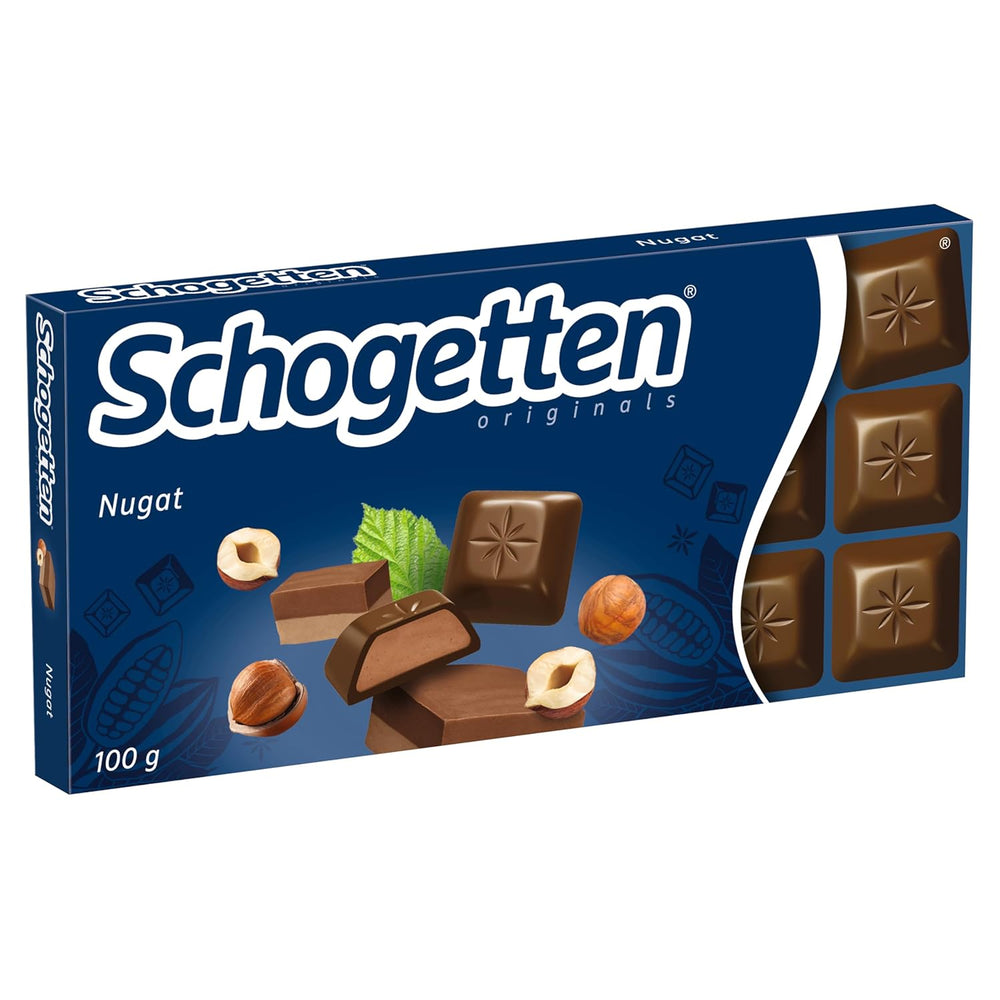 Barra de chocolate Schogetten Nougat 100g, en porciones individuales. Una delicia. Pieza por pieza.