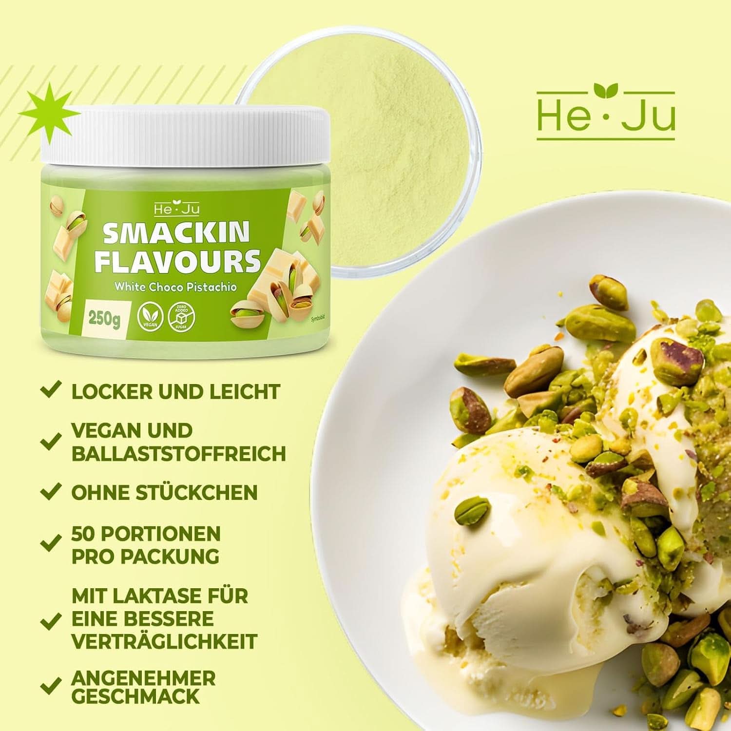 He-Ju, Polvo con sabor a chocolate blanco y pistacho, 250 gramos Naty Shop Sabores