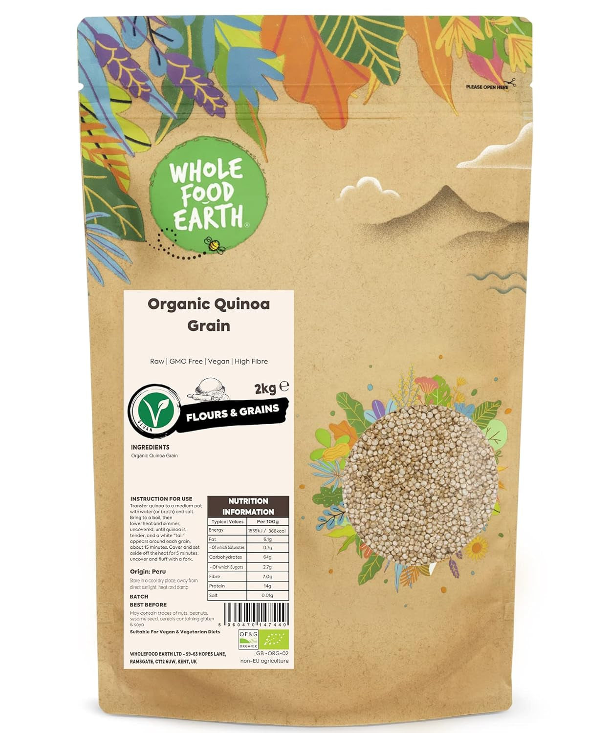 Granos de quinua orgánicos Wholefood Earth – 2 kg | Crueles | Sin OGM | Vegano | Rico en fibra | Certificado orgánico