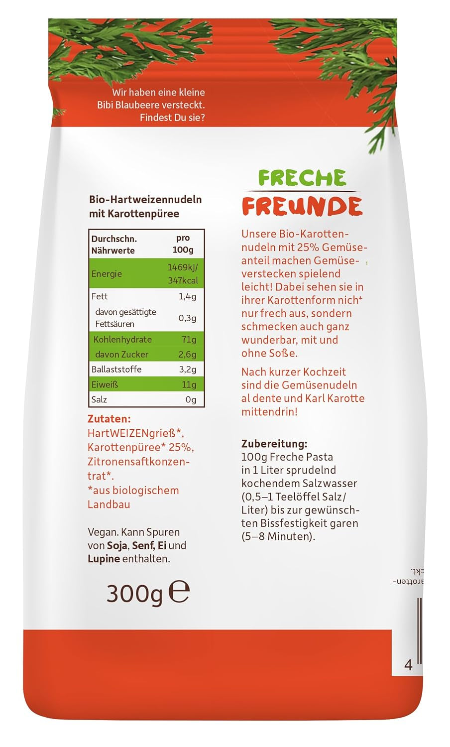 Freche Freunde Fideos Vegetales Orgánicos 'Zanahoria' 25% Contenido Vegetal Vegano Paquete de 6 (6 x 300g)