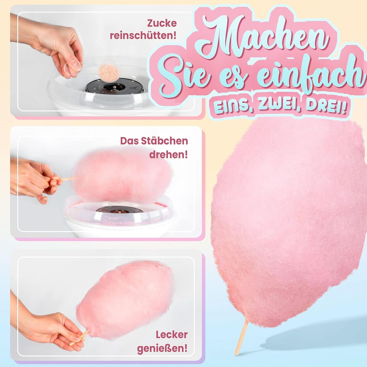 GREENDOSO® Zahăr de vată de zahăr pentru mașina de vată de zahăr (4 x 320 grame) - 4 arome (căpșuni/cola/ zmeură/ mere) + 50 sticks-uri - MADE in FRANCE Naty Shop