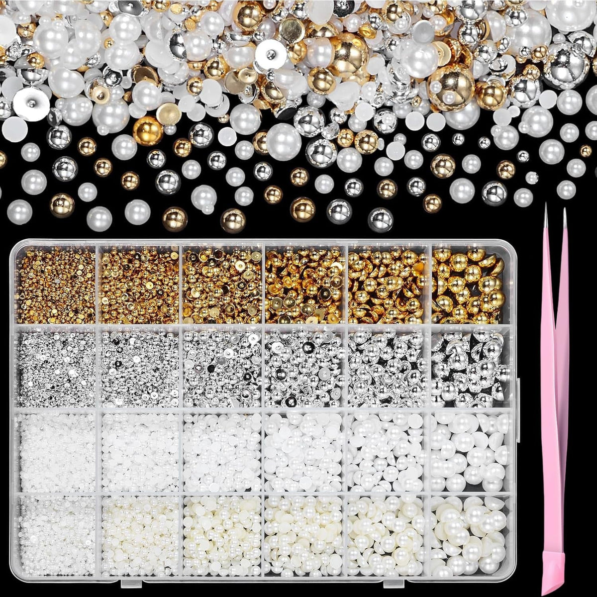 GZMAYUEN 920Pcs Gold Silber Flatback Perlen Für Nägel, Halbrunde Weiße Beige Nail Perlen, Kleine Halbrunde Flatback Perlen Für DIY Nail Art Decor