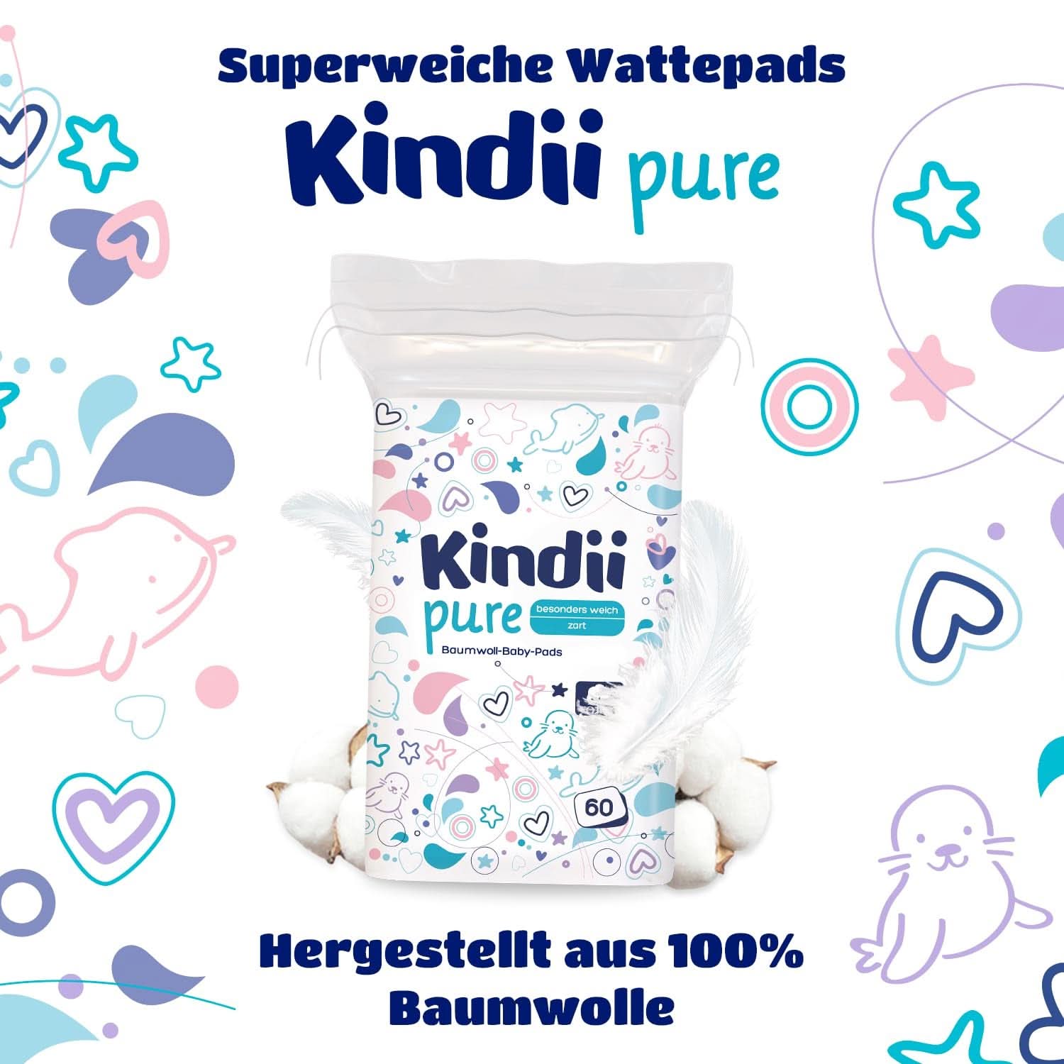 Tampoane Kindii Pure Baby - 100% bumbac - Tampoane pătrate mari pentru pielea sensibilă - Înlocuiește șervețele umede - Moale - Margini moi Servetele Umede Bebelusi Naty Shop