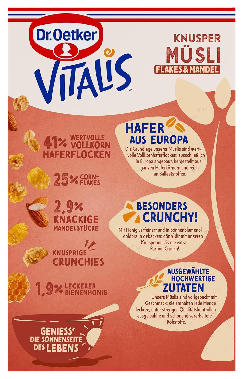 Dr. Oetker Vitalis Crunchy Flakes: muesli crujiente con copos de maíz y trozos de almendra, paquete de 5 (5 x 600 g)