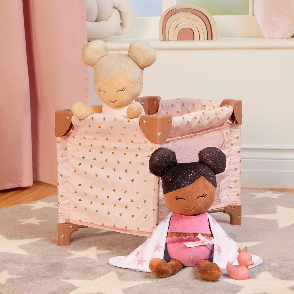 LullaBaby - Baby Puppen Laufstall - Faltbarer Puppen Laufstall in Rosa - Goldener Stern - Druckdesign - 36 cm Baby Puppe Kinderzimmer Zubehör - Vorgetäuschtes Spiel - Spielzeug für Kinder ab 2 Jahren
