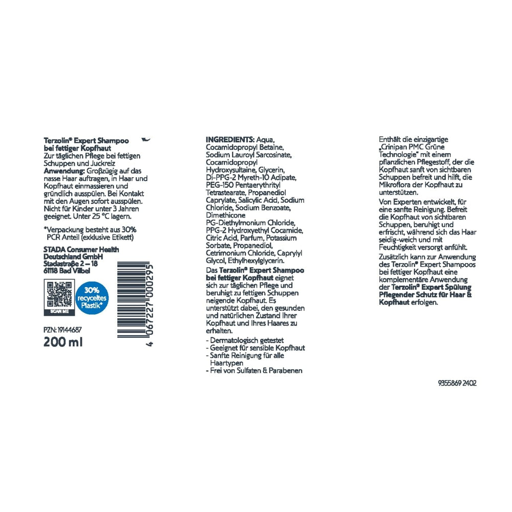 Terzolin Expert Champú para cuero cabelludo y cabello graso, anticaspa, 200 ml Ducha y baño Terzolin