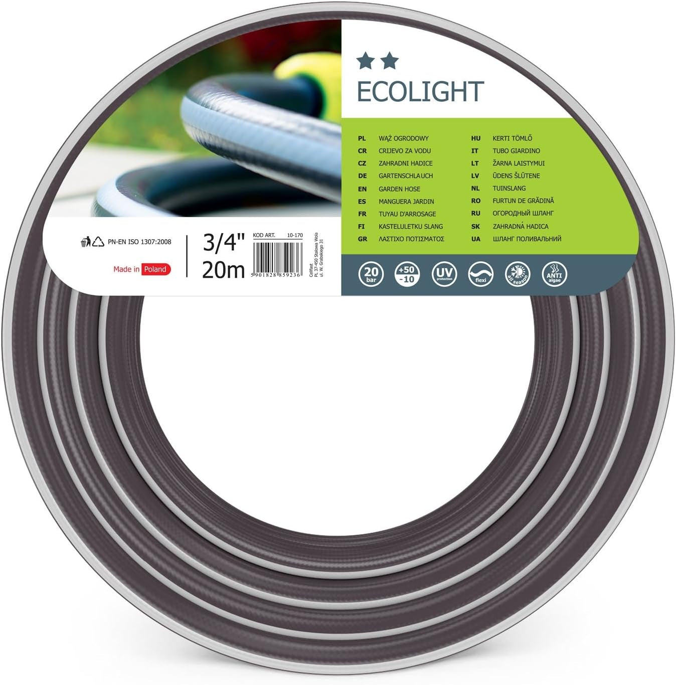 Furtun de grădină CELLFAST, furtun de apă cu 5 straturi, material textil dublu împletit cu bordură transversală, furtun de irigații, rezistent la UV, anti-alge, flexibil, 30 bar, 3,4 inci, 25 metri, verde