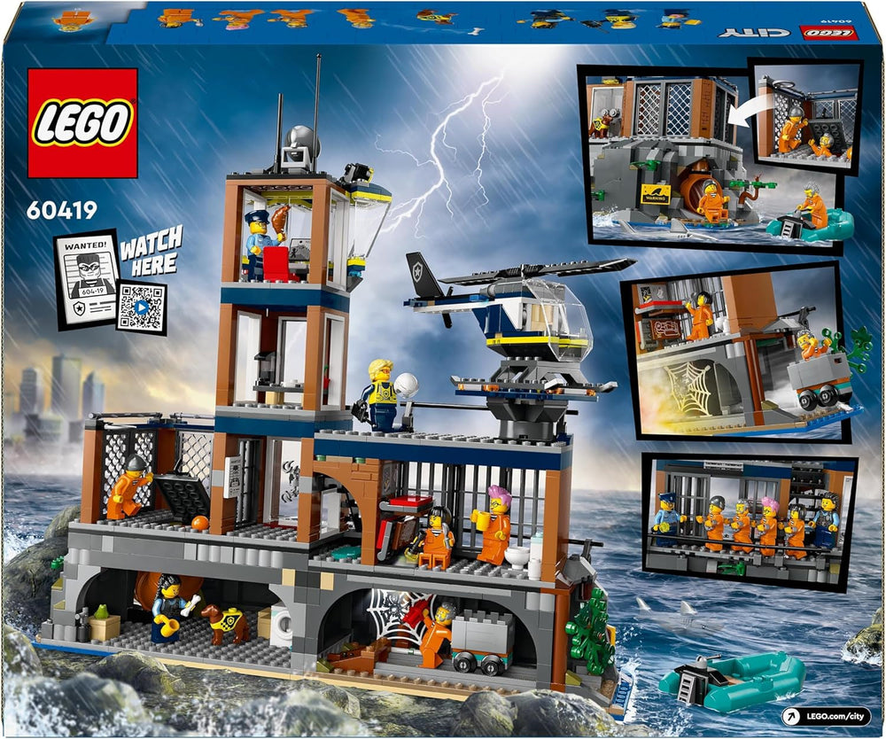 LEGO City Comisaría de Policía de Prison Island Helicóptero Barco Tiburón Policía Juego de juguetes 7 minifiguras y perro Regalo de cumpleaños para niños y niñas de 7 años 60419 Juegos de construcción Besuche den LEGO-Store