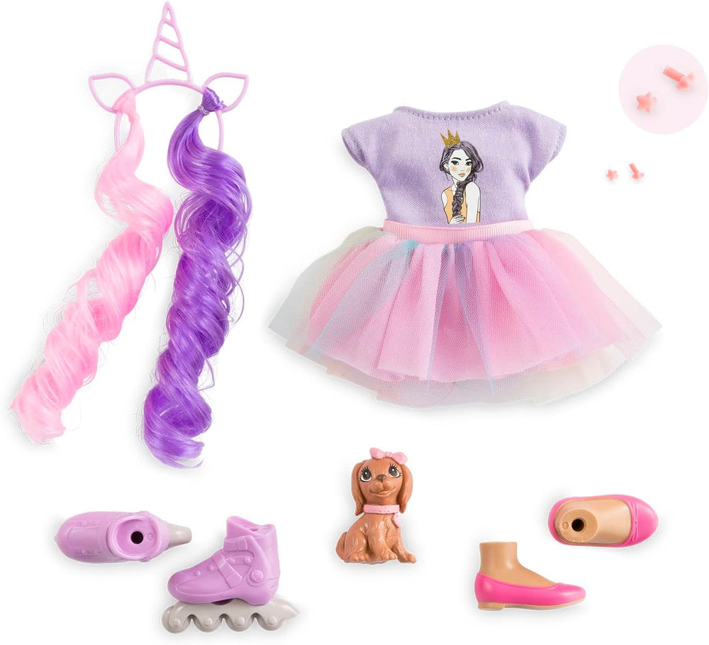 Corolle 9000600030 - Conjunto Luna Einhorn para niña, puppe de tobillo en traje de verano con perro, cinta para el pelo, anillos y gomas extra, puppe de 28 cm con Vanilleduft, de 4 años